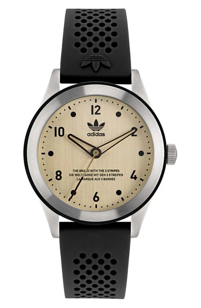 Shop Adidas Originals Code Three Silicone Strap Watch, 40mm In Silver/ Tan/ Black