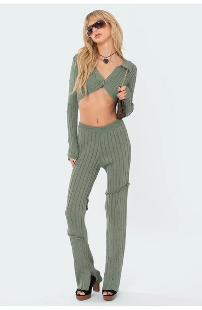 Shop Edikted Harley Knit Bootcut Pants In Olive