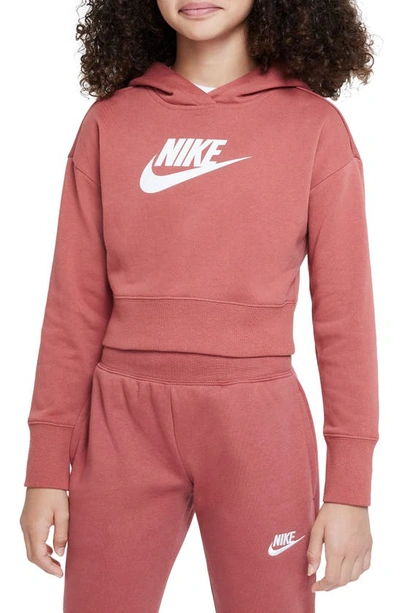 Shop Nike Kids' Club Crop Cotton Blend French Terry Hoodie In Canyon Rust/ White