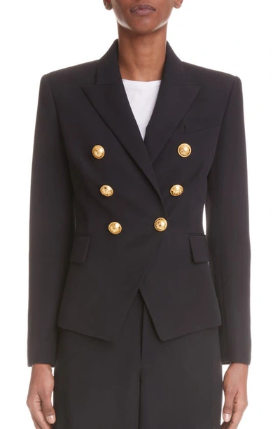 Shop Balmain Double Breasted Wool Blazer In Black