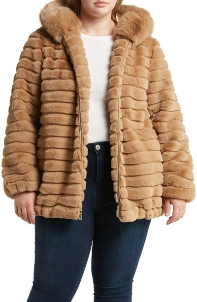 Shop Gallery Hooded Faux Fur Jacket In Camel