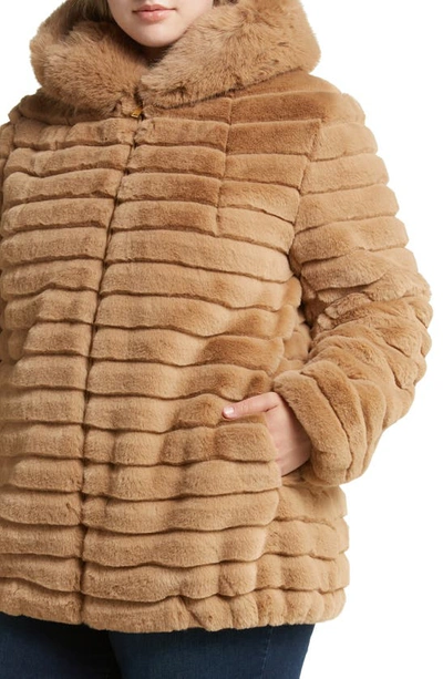Shop Gallery Hooded Faux Fur Jacket In Camel