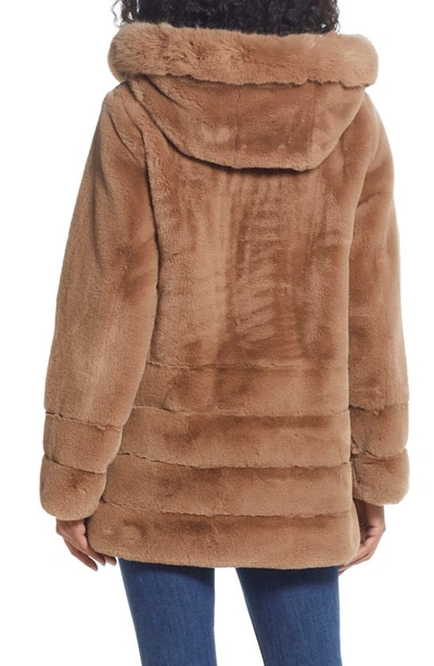 Gallery Hooded Faux Fur Coat In Camel