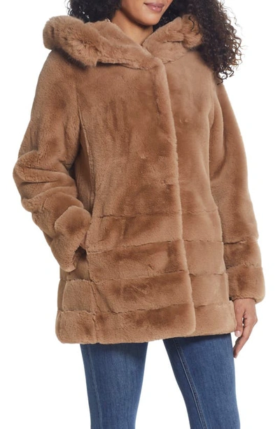 Gallery Hooded Faux Fur Coat In Camel