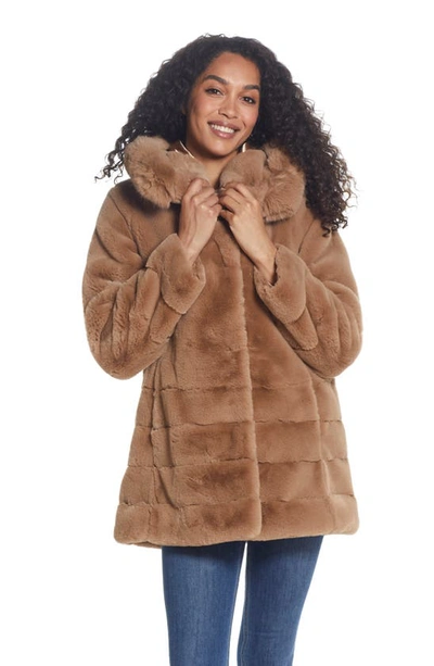 Gallery Hooded Faux Fur Coat In Camel