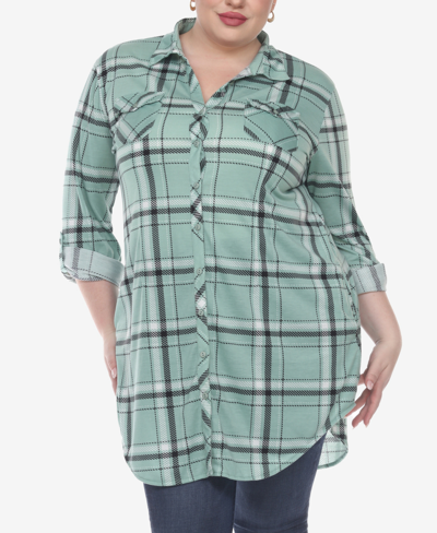 White Mark Plus Womens Plaid Button Down Tunic Top In Mint