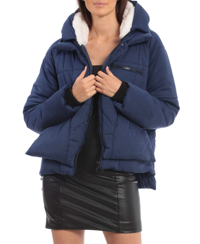 Shop Avec Les Filles Women's Water-resistant Knit Utility Puffer Coat In Navy