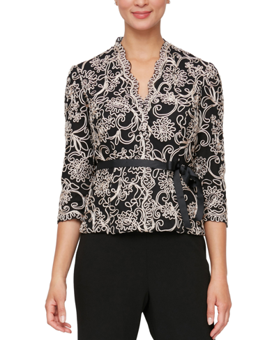 Shop Alex Evenings Women's 3/4-sleeve Embroidered Blouse In Black Taupe