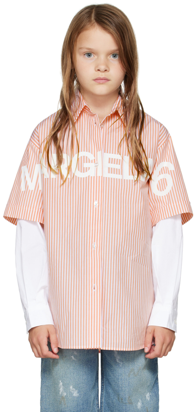Shop Mm6 Maison Margiela Kids Pink & White Striped Shirt In M6c09 Striped Peach+