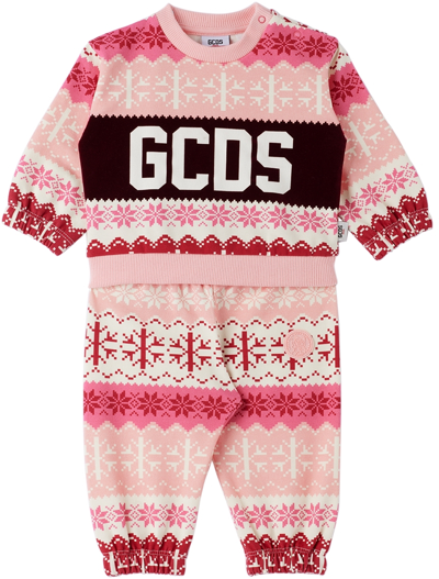 Shop Gcds Baby Pink Snowflake Logo Tracksuit Set In Pink/crimson Red