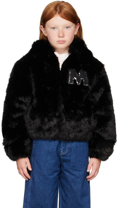 Shop Marni Kids Black Faux-fur 'm' Patch Jacket In 0m900