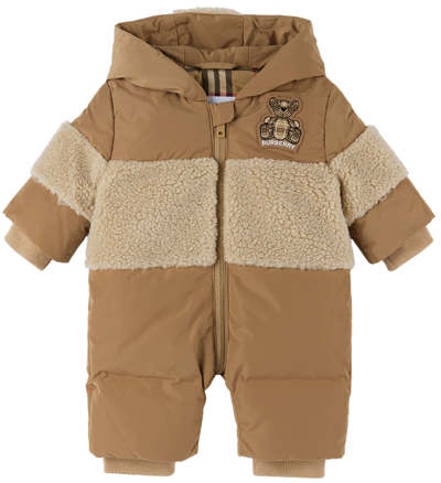Shop Burberry Baby Beige Down Thomas Bear Appliqué Snowsuit In Archive Beige