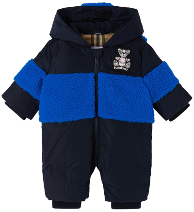 Shop Burberry Baby Navy Down Thomas Bear Appliqué Snowsuit In Midnight