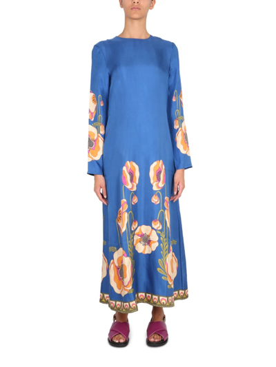 Shop La Doublej Floral Print Bell Bottom Dress In Blue