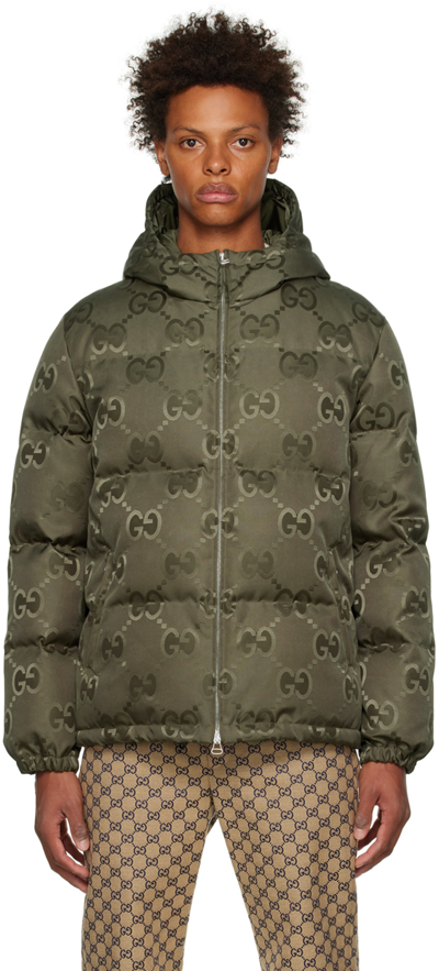 Shop Gucci Khaki Jumbo Gg Down Jacket In 3175 Evergreen/mix