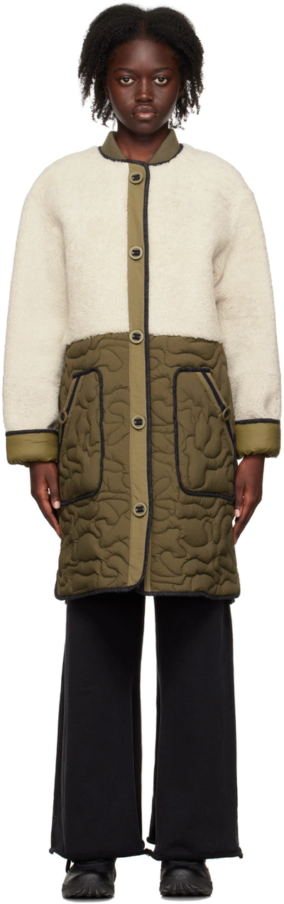 Shop Yves Salomon Green & Off-white Paneled Shearling Long Coat In B2858 Ivory/hunter