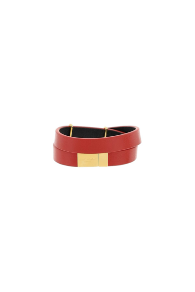 Shop Saint Laurent Double-wrap Ysl Leather Bracelet In Red