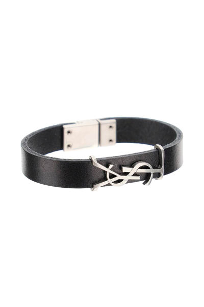 Shop Saint Laurent Leather Bracelet Ysl In Black