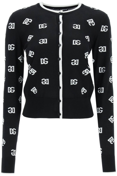 Dolce & Gabbana Intarsia Logo Virgin Wool Cardigan In Black