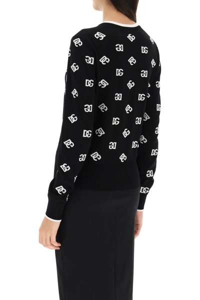 Dolce & Gabbana Intarsia Logo Virgin Wool Cardigan In Black