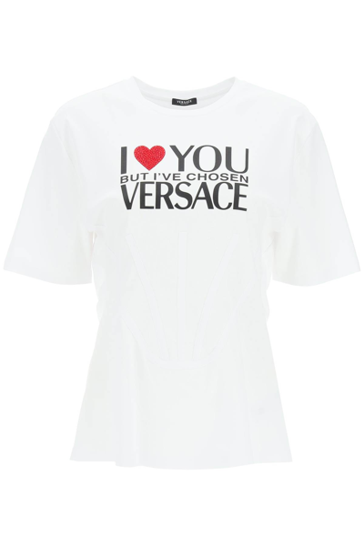 Shop Versace Bustier Effect T-shirt With Slogan In White