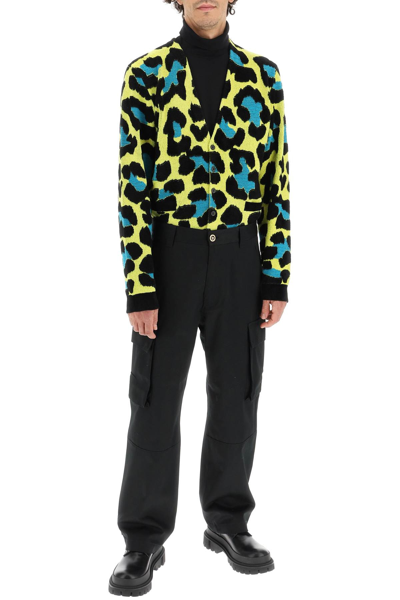 Shop Versace Leopard Jacquard Cardigan In Yellow,black,green