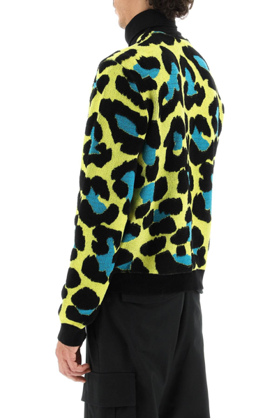 Shop Versace Leopard Jacquard Cardigan In Yellow,black,green