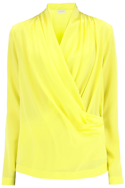 Shop Dries Van Noten 'carino' Crossover Neckline Silk Satin Blouse In Yellow