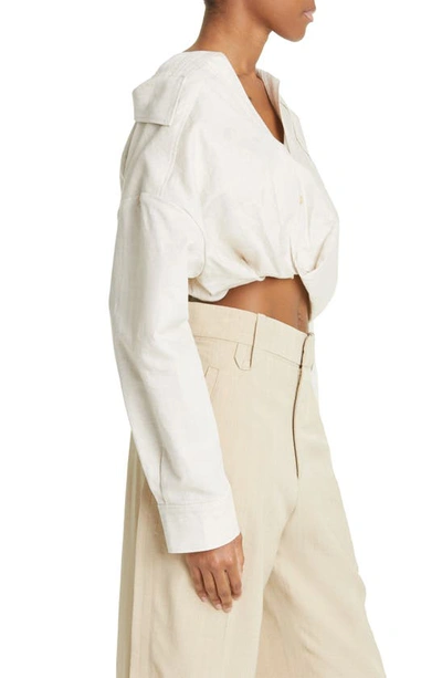 Shop Jacquemus La Chemise Mejean Crop Cotton & Linen Button-up Shirt In Light Beige