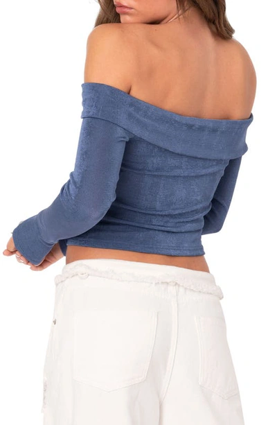 Edikted Athena Fold Over Off The Shoulder Long Sleeve Top In Blue