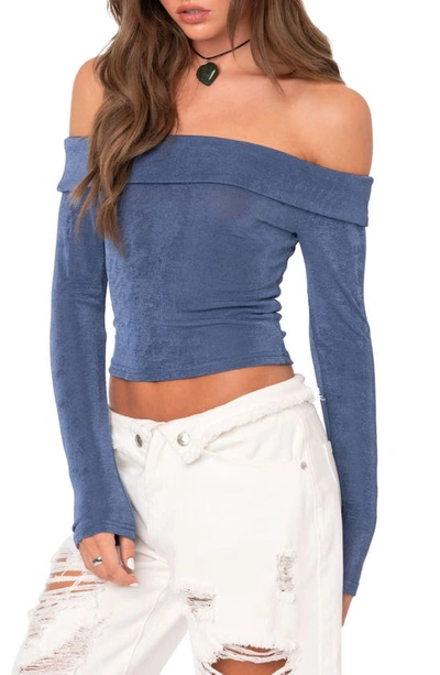 Edikted Athena Fold Over Off The Shoulder Long Sleeve Top In Blue