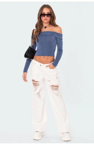 Edikted Athena Fold Over Off The Shoulder Long Sleeve Top In Blue