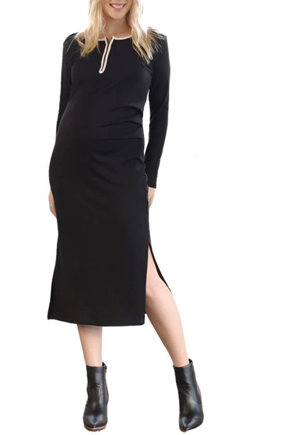 Shop Angel Maternity Pipe Detail Long Sleeve Cotton Blend Maternity Dress In Black