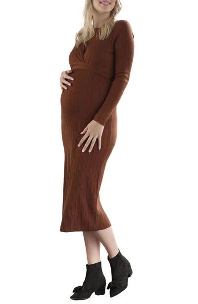 Shop Angel Maternity Knit Midi Maternity/nursing Dress In Walnut