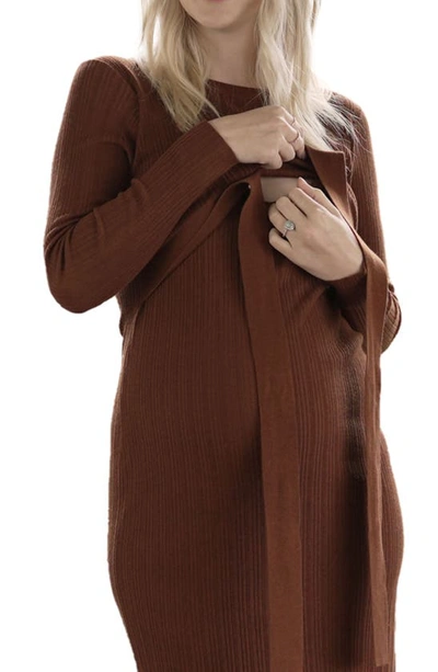 Shop Angel Maternity Knit Midi Maternity/nursing Dress In Walnut