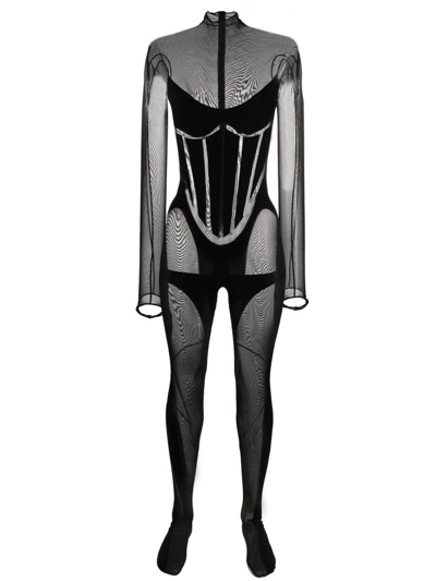 Shop Wolford Mugler X  Black Sheer Long-length Bodysuit In Nero