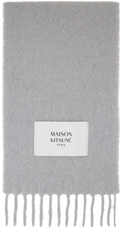 Shop Maison Kitsuné Grey Fringed Scarf In P120 Light Grey
