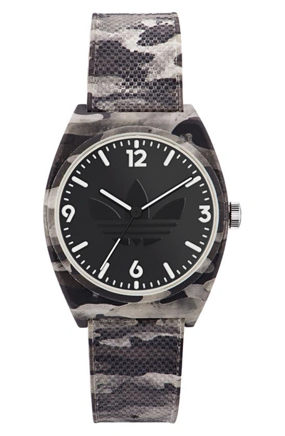 Shop Adidas Originals Project Two Camo Print Resin Strap Watch, 38mm In Multi/ Black/ Multi