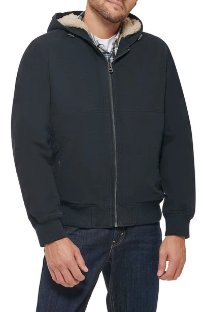 Shop Levi's Workwear Faux Shearling Lined Cotton Canvas Hooded Jacket In Navy