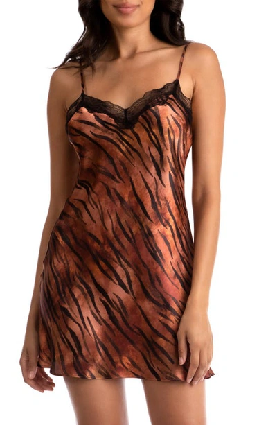 Shop Midnight Bakery Tiger Stripe Lace Trim Satin Chemise In Rust