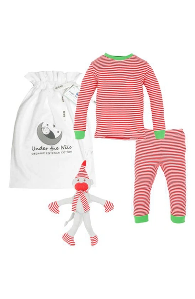 Under The Nile Babies' Organic Cotton Holiday Two-piece Fitted Pajamas & Toy Set In Red