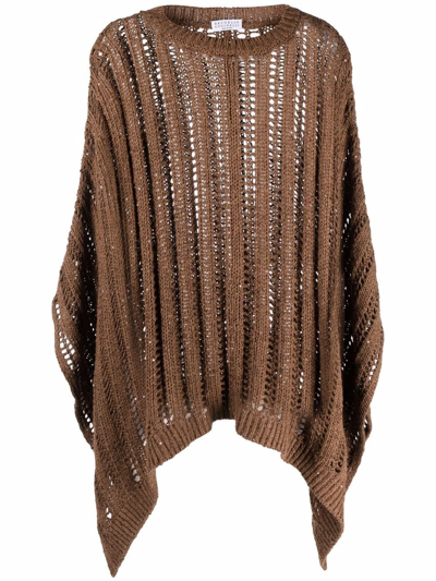 Shop Brunello Cucinelli Poncho In Linen And Cotton Blend In Brown