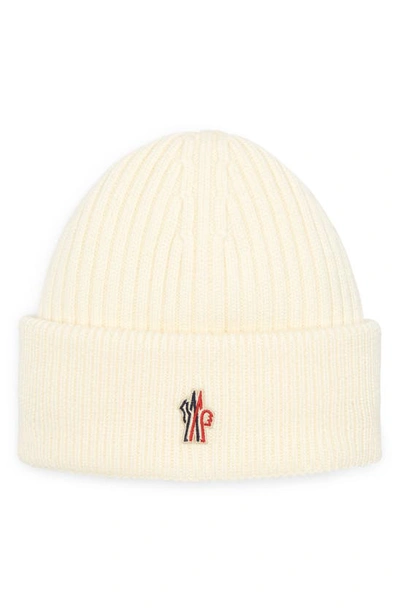 Shop Moncler Logo Patch Rib Wool Beanie In Natural