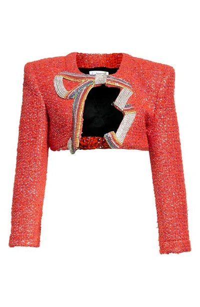 Shop Area Crystal Rainbow Bow Metallic Virgin Wool Blend Tweed Crop Jacket In Red