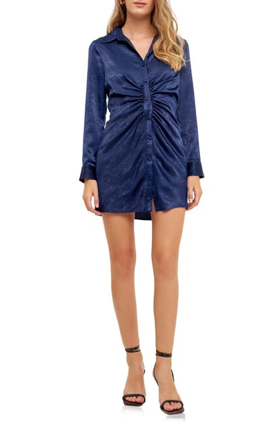 Endless Rose Ruched Long Sleeve Satin Shirtdress In Navy