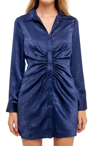 Endless Rose Ruched Long Sleeve Satin Shirtdress In Navy