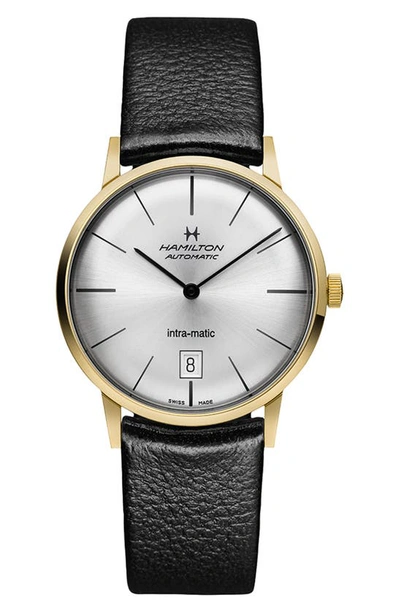 Shop Hamilton American Classic Intra-matic Automatic Leather Strap Watch, 38mm In Black/ Silver/ Gold