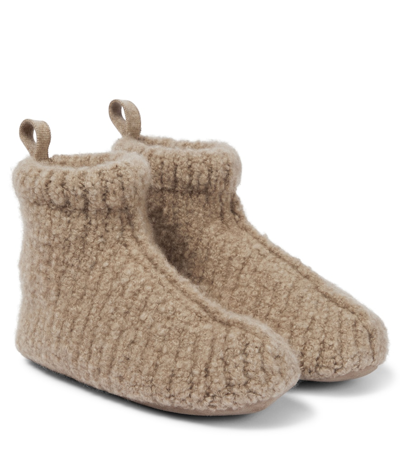 Shop Loro Piana Ribbed-knit Cashmere Slippers In Brown