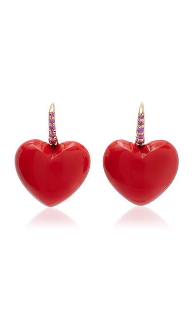 Shop Rachel Quinn The Heart Dollop Midi 14k Yellow Gold Pink Sapphire; Coral Earrings In Red
