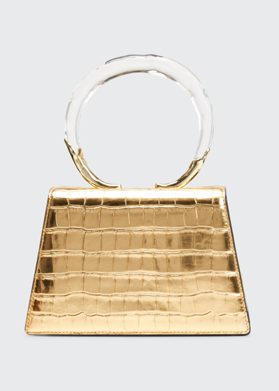 Alexis Bittar Lucite Quad Croc-embossed Top-handle Bag In Gold Croco
